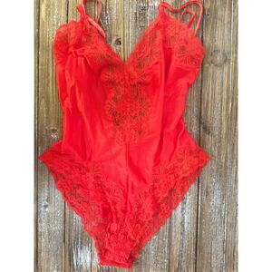 Vintage Guy Laroche Bodysuit Womens Lingerie Lace Teddy Red L Pin Up Romantic